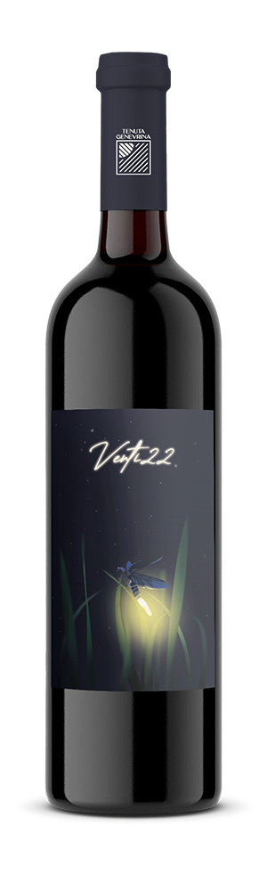 Bottiglia di Venti22, un vino moderno con un design fresco e minimale.