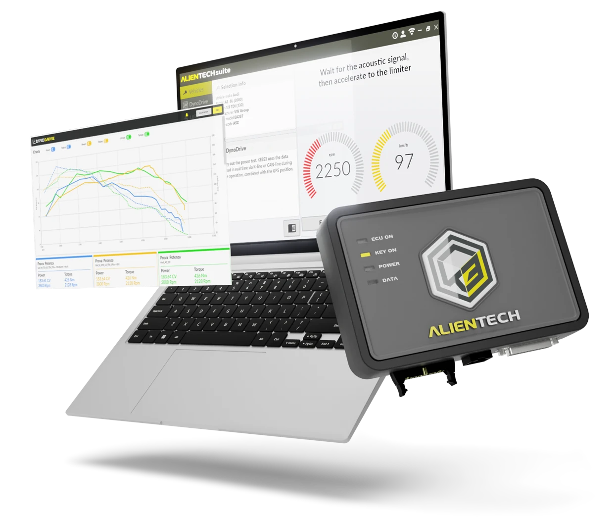 DynoDrive in action on a laptop, with a KESS3 on which the feature has been activated